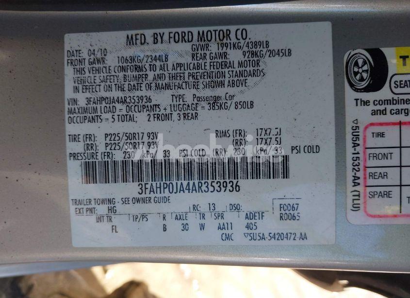 Photo 9 of 2010 Ford Fusion SEL (VIN 3FAHP0JA4AR353936)