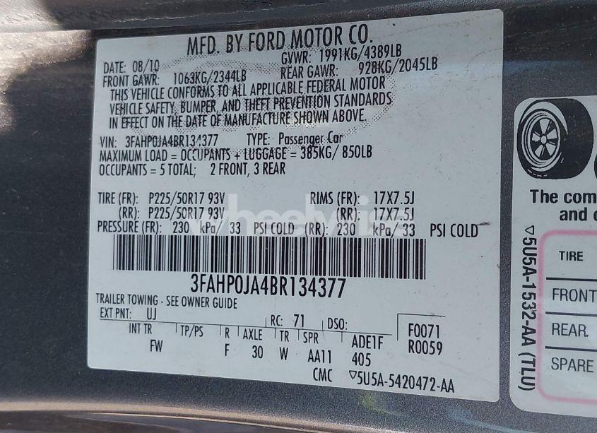 Photo 9 of 2011 Ford Fusion SEL (VIN 3FAHP0JA4BR134377)