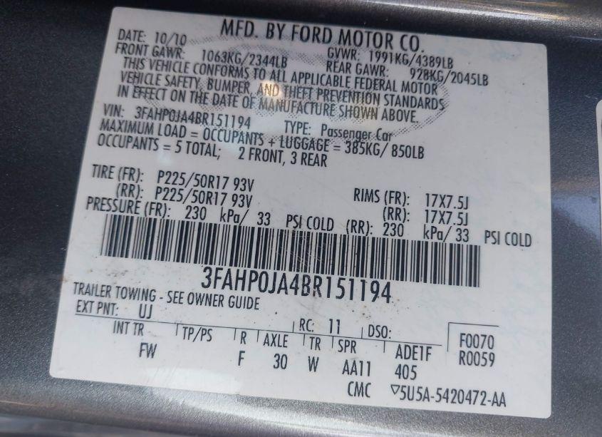 Photo 9 of 2011 Ford Fusion SEL (VIN 3FAHP0JA4BR151194)