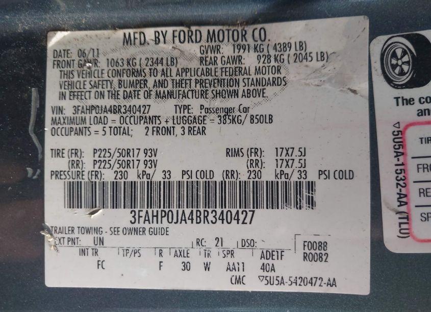 Photo 9 of 2011 Ford Fusion SEL (VIN 3FAHP0JA4BR340427)