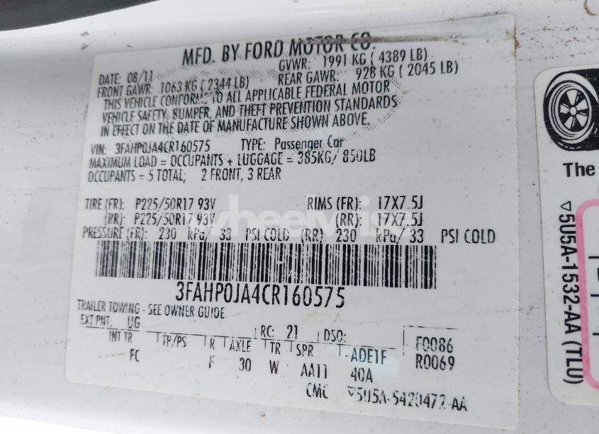 Photo 9 of 2012 Ford Fusion SEL (VIN 3FAHP0JA4CR160575)