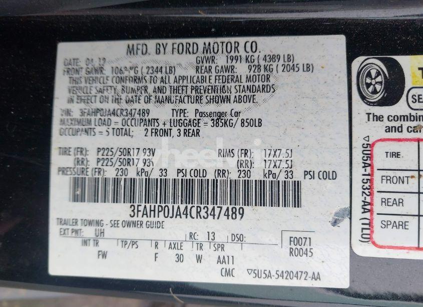 Photo 9 of 2012 Ford Fusion SEL (VIN 3FAHP0JA4CR347489)
