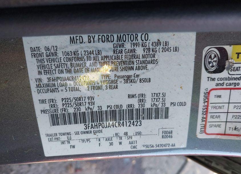 Photo 9 of 2012 Ford Fusion SEL (VIN 3FAHP0JA4CR412423)