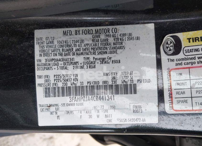 Photo 9 of 2012 Ford Fusion SEL (VIN 3FAHP0JA4CR441341)