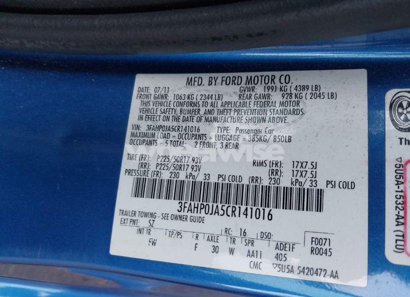 Photo 9 of 2012 Ford Fusion SEL (VIN 3FAHP0JA5CR141016)