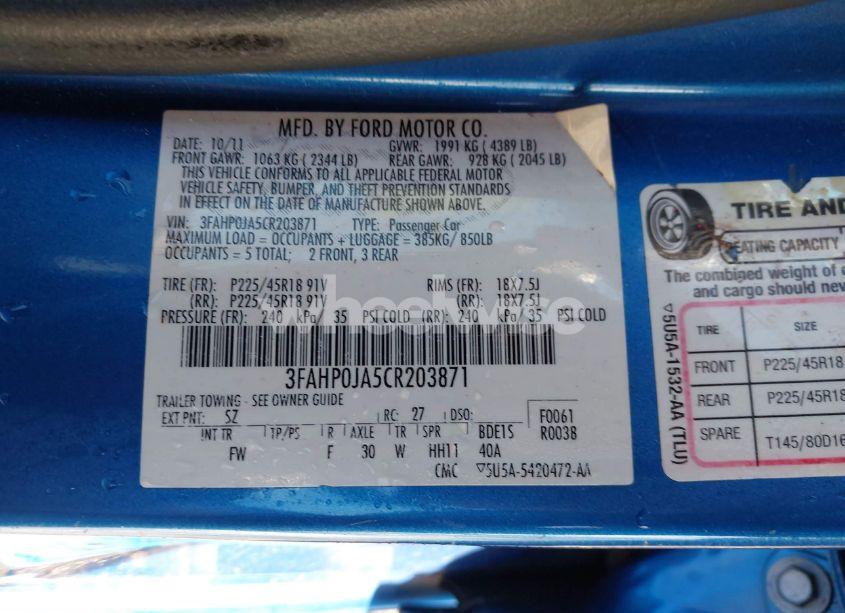 Photo 9 of 2012 Ford Fusion SEL (VIN 3FAHP0JA5CR203871)