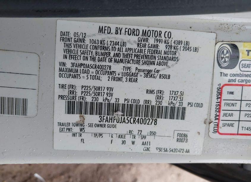 Photo 9 of 2012 Ford Fusion SEL (VIN 3FAHP0JA5CR400278)