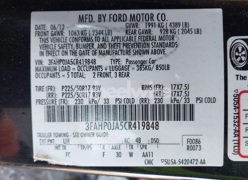 Photo 9 of 2012 Ford Fusion SEL (VIN 3FAHP0JA5CR419848)