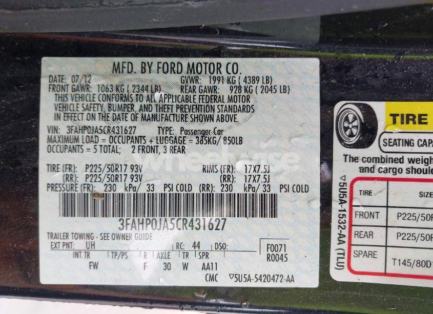 Photo 9 of 2012 Ford Fusion SEL (VIN 3FAHP0JA5CR431627)