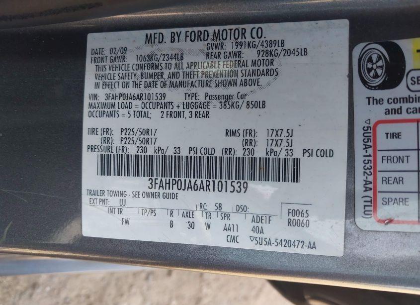 Photo 9 of 2010 Ford Fusion SEL (VIN 3FAHP0JA6AR101539)