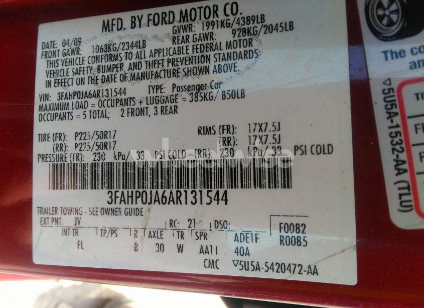 Photo 9 of 2010 Ford Fusion SEL (VIN 3FAHP0JA6AR131544)