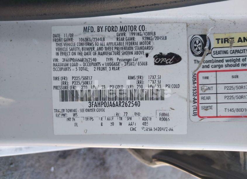 Photo 9 of 2010 Ford Fusion SEL (VIN 3FAHP0JA6AR262540)