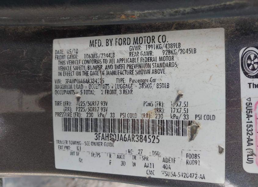 Photo 9 of 2010 Ford Fusion SEL (VIN 3FAHP0JA6AR384525)