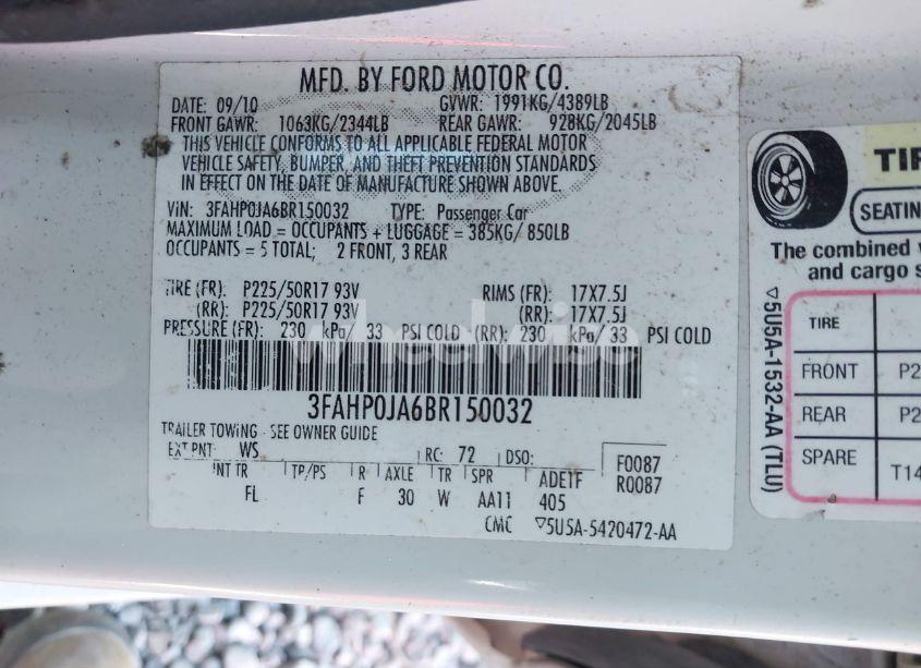Photo 9 of 2011 Ford Fusion SEL (VIN 3FAHP0JA6BR150032)