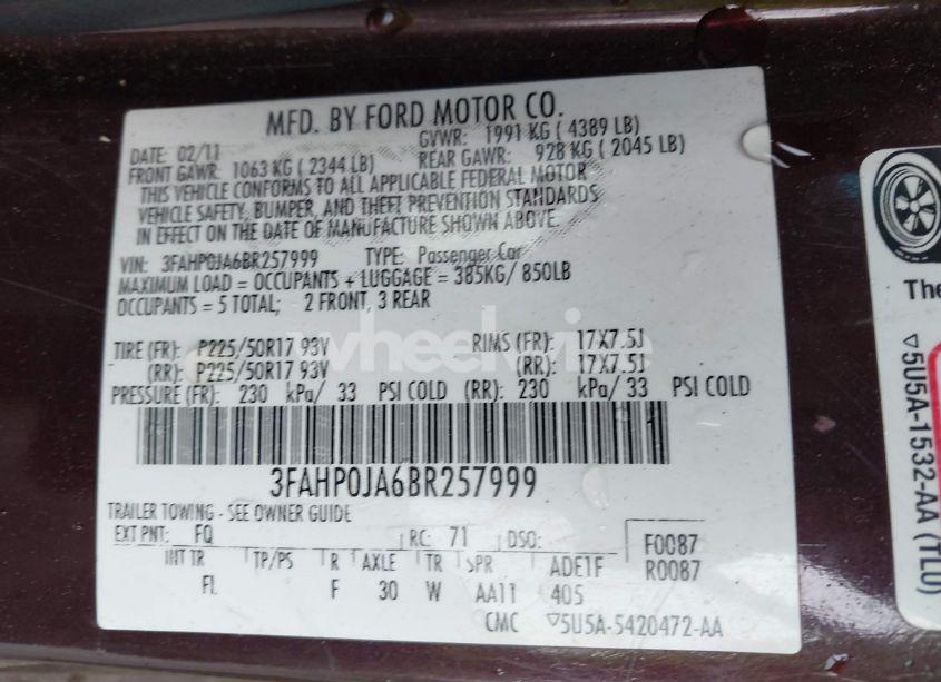 Photo 9 of 2011 Ford Fusion SEL (VIN 3FAHP0JA6BR257999)