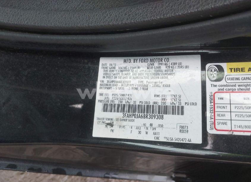 Photo 9 of 2011 Ford Fusion SEL (VIN 3FAHP0JA6BR309308)