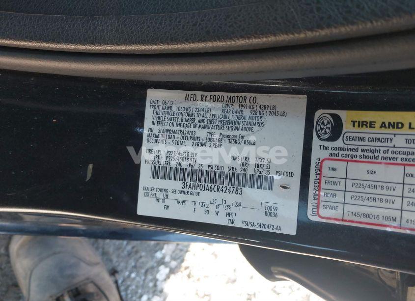 Photo 9 of 2012 Ford Fusion SEL (VIN 3FAHP0JA6CR424783)