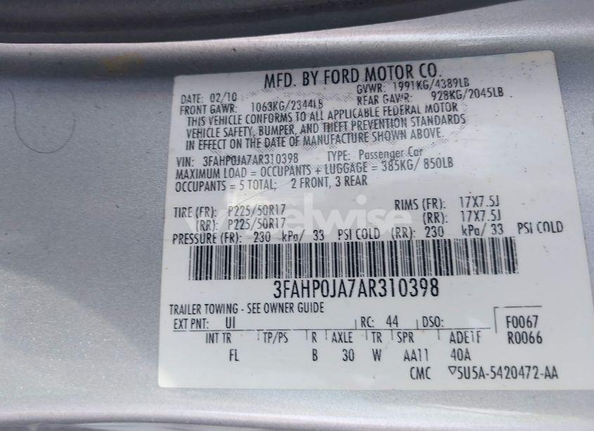 Photo 9 of 2010 Ford Fusion SEL (VIN 3FAHP0JA7AR310398)