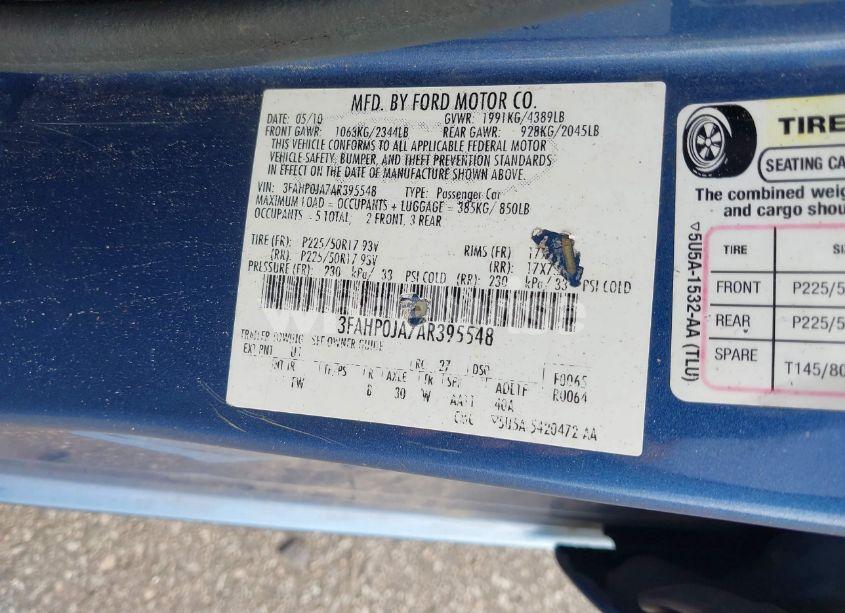Photo 9 of 2010 Ford Fusion SEL (VIN 3FAHP0JA7AR395548)