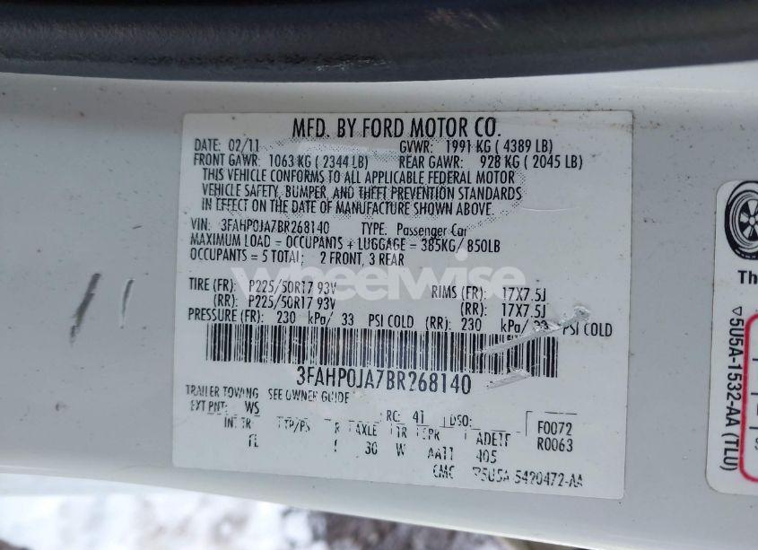 Photo 9 of 2011 Ford Fusion SEL (VIN 3FAHP0JA7BR268140)