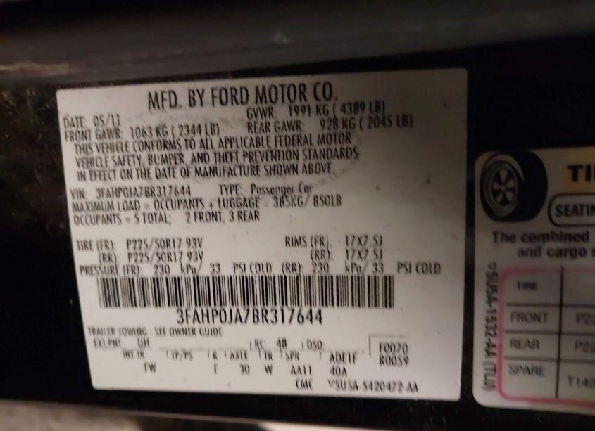 Photo 9 of 2011 Ford Fusion SEL (VIN 3FAHP0JA7BR317644)