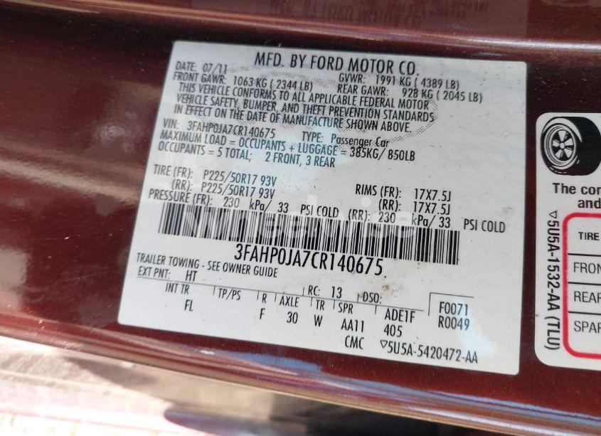 Photo 9 of 2012 Ford Fusion SEL (VIN 3FAHP0JA7CR140675)