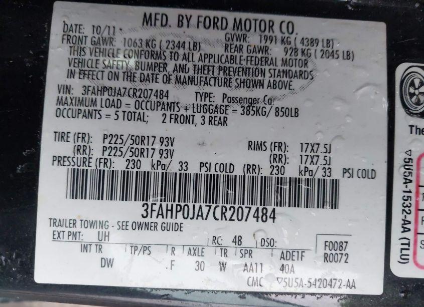Photo 9 of 2012 Ford Fusion SEL (VIN 3FAHP0JA7CR207484)