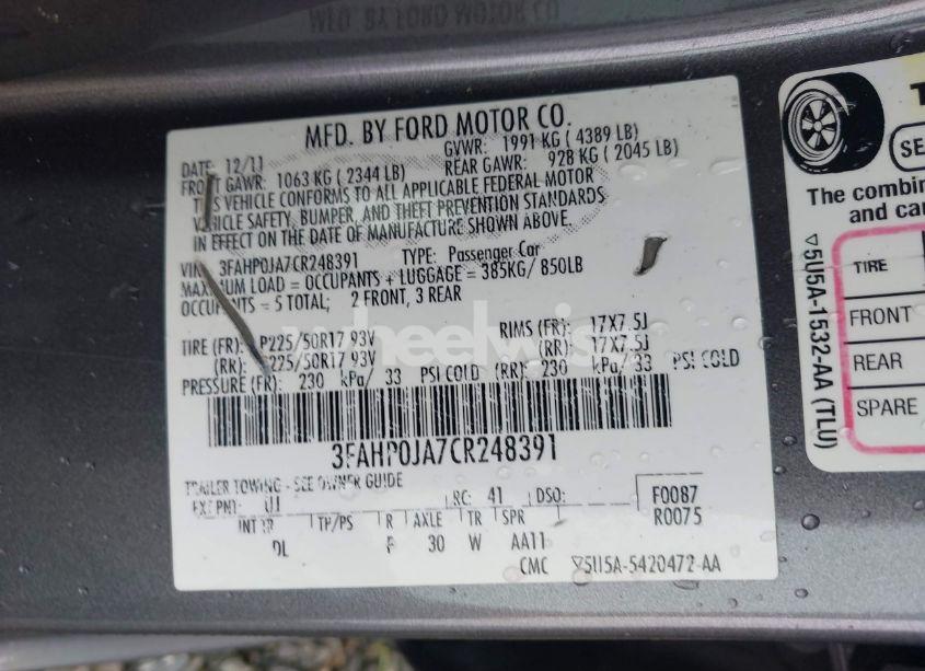 Photo 9 of 2012 Ford Fusion SEL (VIN 3FAHP0JA7CR248391)