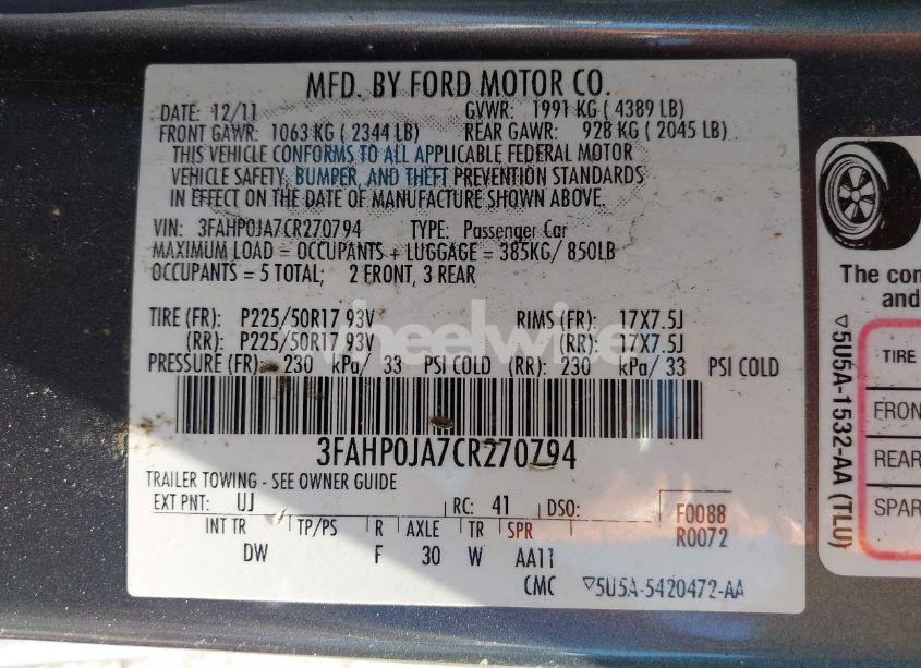 Photo 9 of 2012 Ford Fusion SEL (VIN 3FAHP0JA7CR270794)