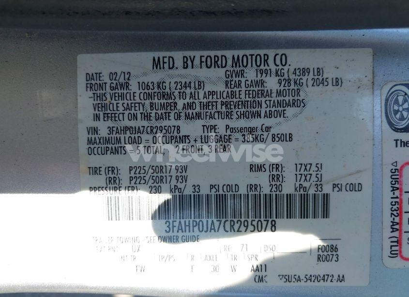 Photo 9 of 2012 Ford Fusion SEL (VIN 3FAHP0JA7CR295078)