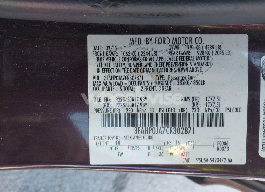Photo 9 of 2012 Ford Fusion SEL (VIN 3FAHP0JA7CR302871)