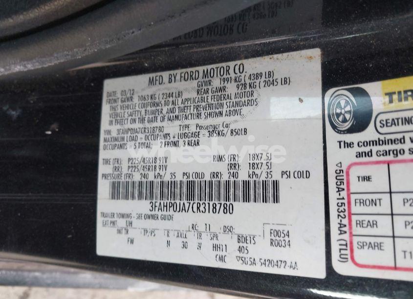 Photo 9 of 2012 Ford Fusion SEL (VIN 3FAHP0JA7CR318780)