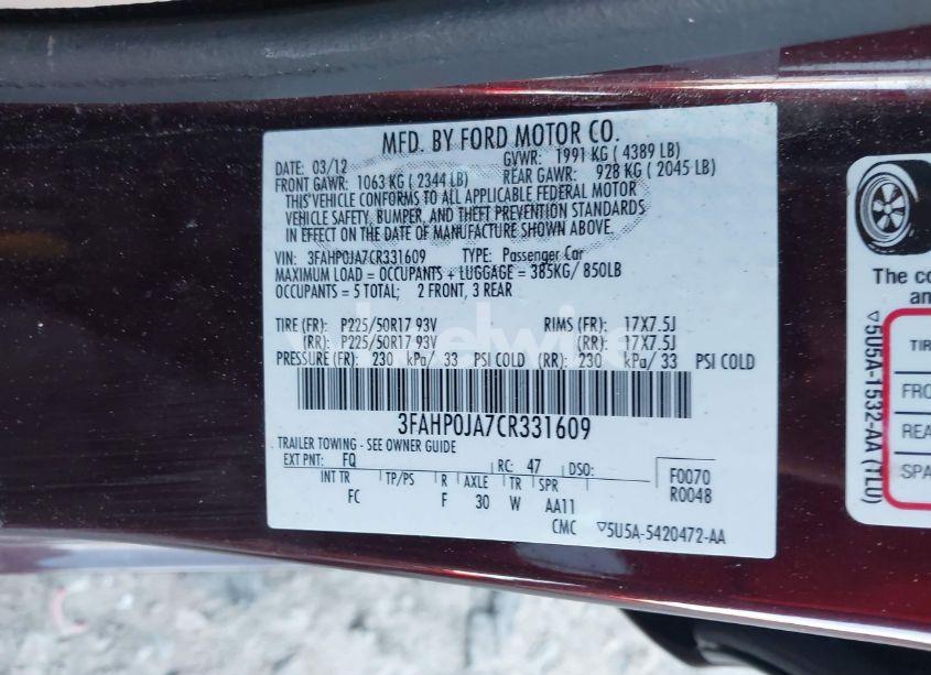 Photo 9 of 2012 Ford Fusion SEL (VIN 3FAHP0JA7CR331609)