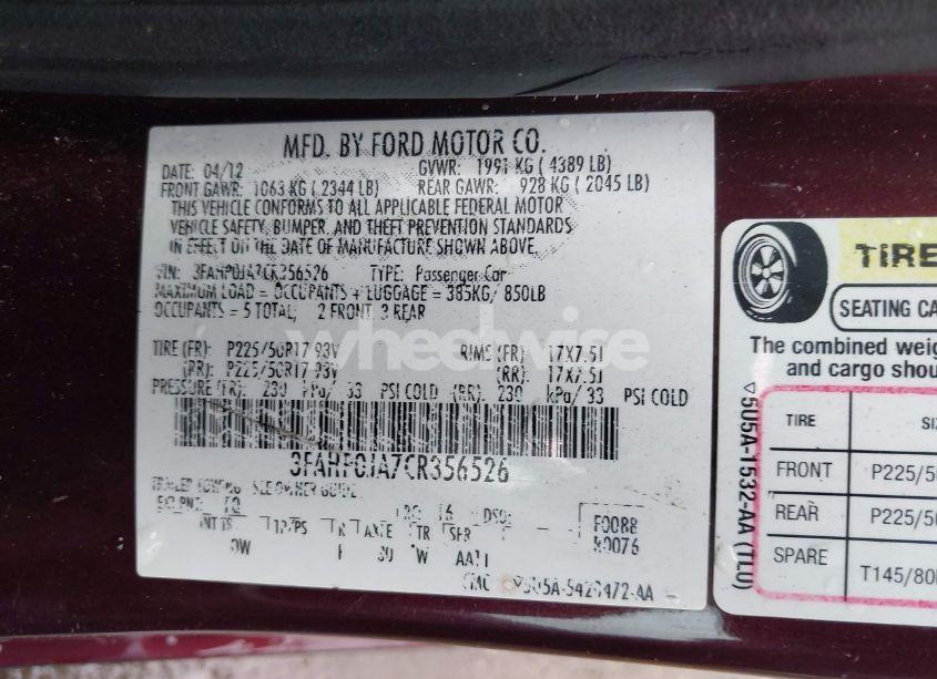 Photo 9 of 2012 Ford Fusion SEL (VIN 3FAHP0JA7CR356526)
