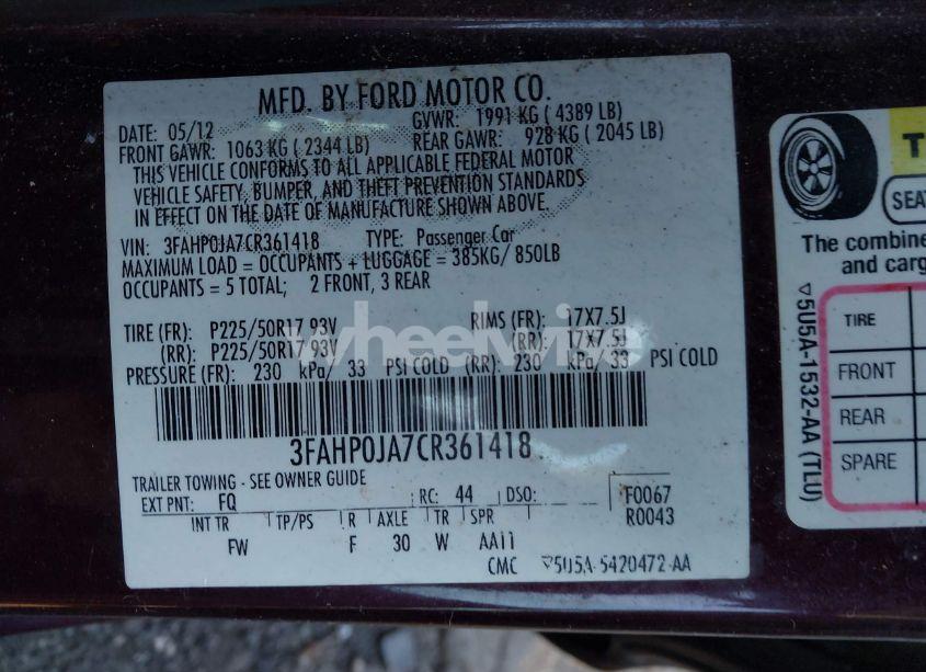 Photo 9 of 2012 Ford Fusion SEL (VIN 3FAHP0JA7CR361418)