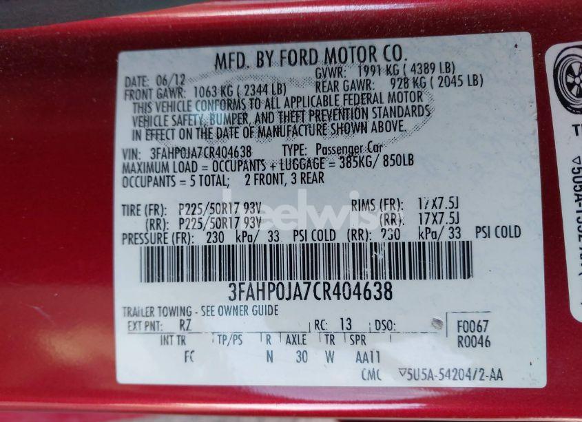 Photo 9 of 2012 Ford Fusion SEL (VIN 3FAHP0JA7CR404638)