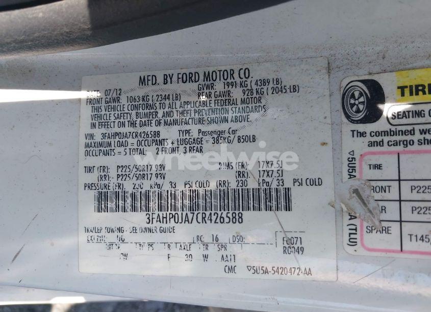 Photo 9 of 2012 Ford Fusion SEL (VIN 3FAHP0JA7CR426588)