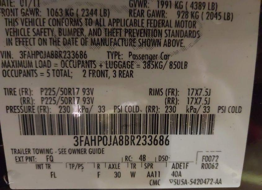 Photo 9 of 2011 Ford Fusion SEL (VIN 3FAHP0JA8BR233686)