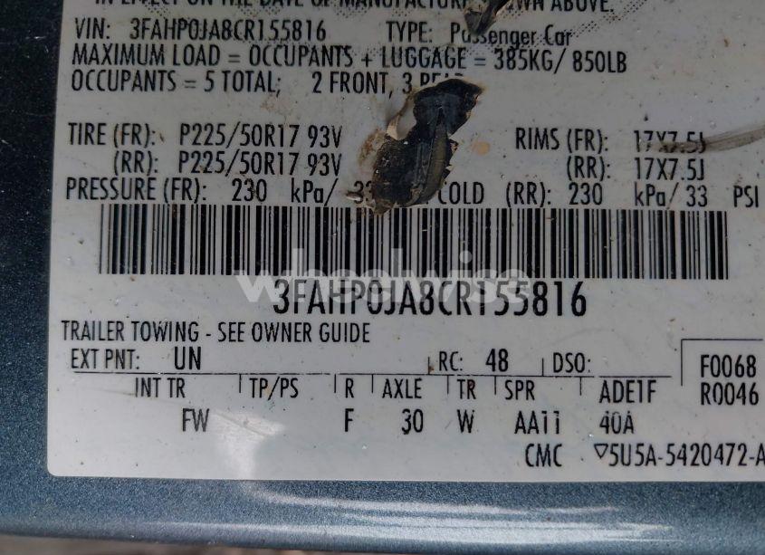 Photo 9 of 2012 Ford Fusion SEL (VIN 3FAHP0JA8CR155816)