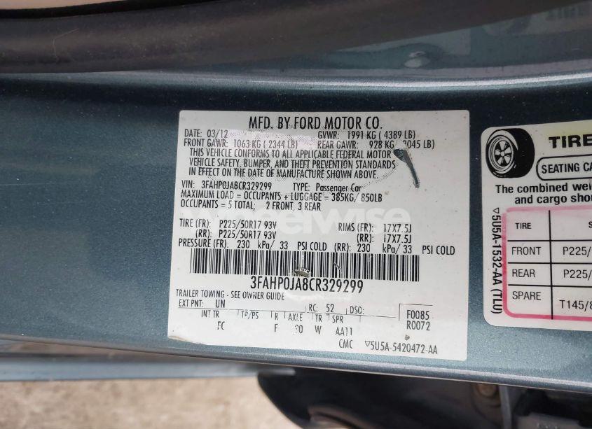 Photo 9 of 2012 Ford Fusion SEL (VIN 3FAHP0JA8CR329299)