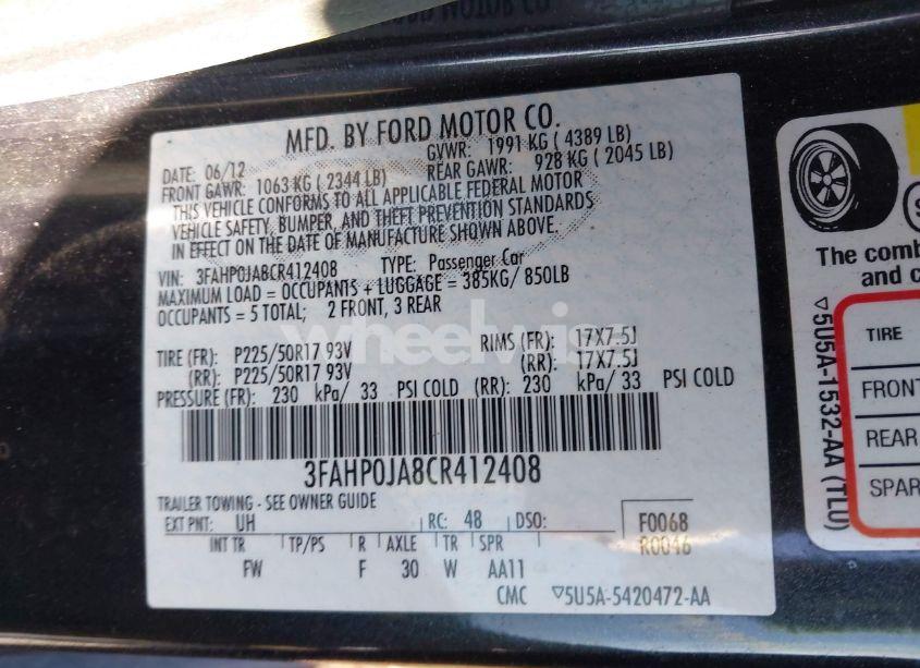 Photo 9 of 2012 Ford Fusion SEL (VIN 3FAHP0JA8CR412408)