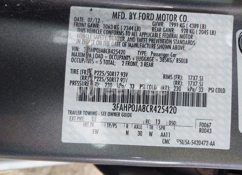 Photo 9 of 2012 Ford Fusion SEL (VIN 3FAHP0JA8CR425420)