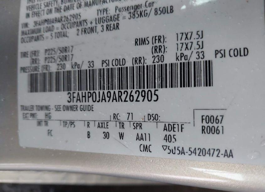 Photo 9 of 2010 Ford Fusion SEL (VIN 3FAHP0JA9AR262905)