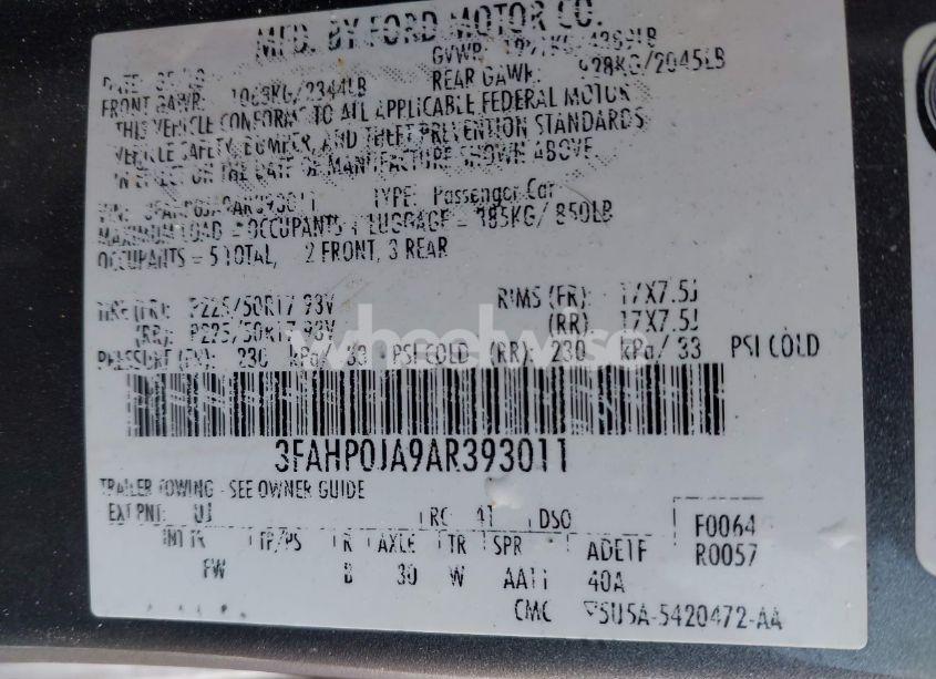 Photo 9 of 2010 Ford Fusion SEL (VIN 3FAHP0JA9AR393011)