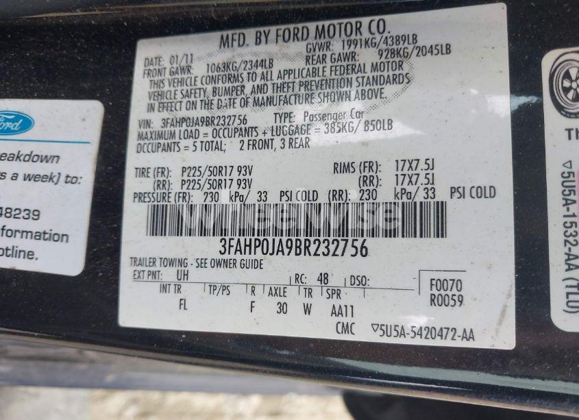 Photo 9 of 2011 Ford Fusion SEL (VIN 3FAHP0JA9BR232756)