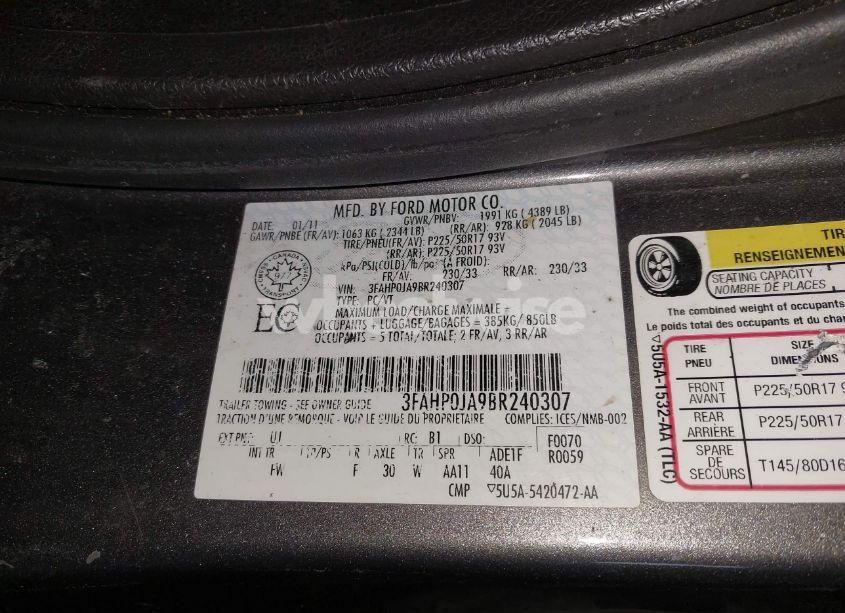 Photo 9 of 2011 Ford Fusion SEL (VIN 3FAHP0JA9BR240307)