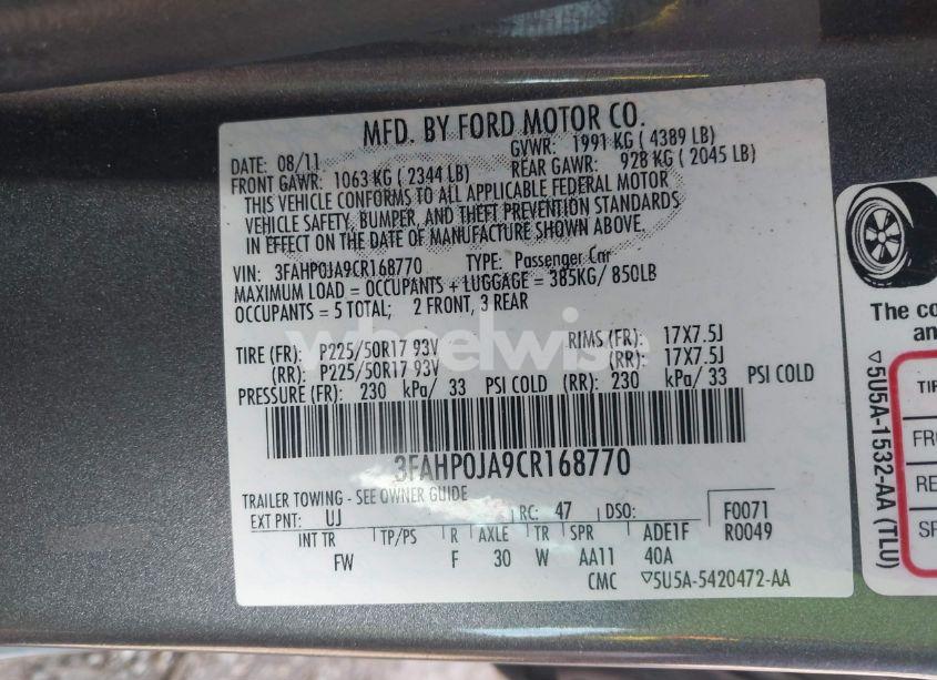 Photo 9 of 2012 Ford Fusion SEL (VIN 3FAHP0JA9CR168770)