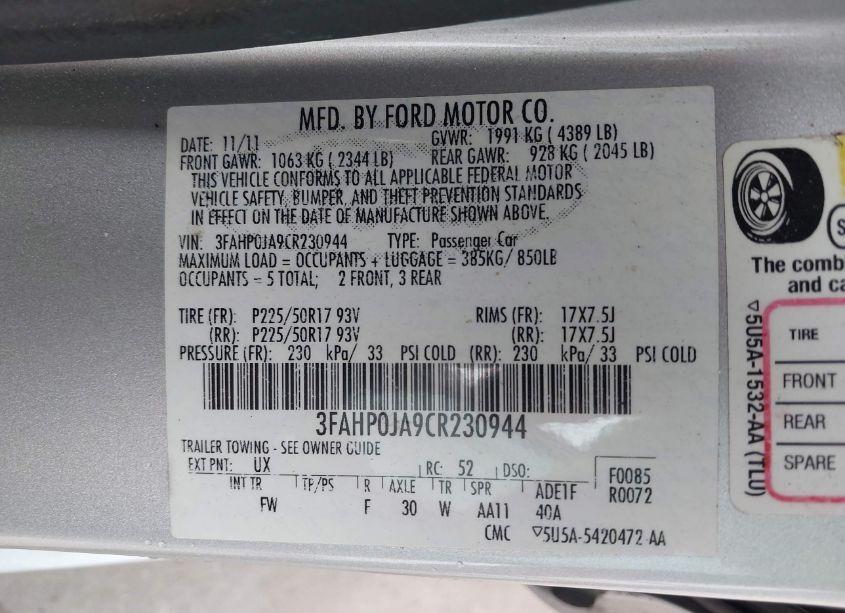 Photo 9 of 2012 Ford Fusion SEL (VIN 3FAHP0JA9CR230944)