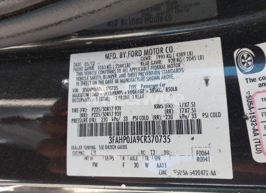 Photo 9 of 2012 Ford Fusion SEL (VIN 3FAHP0JA9CR370735)