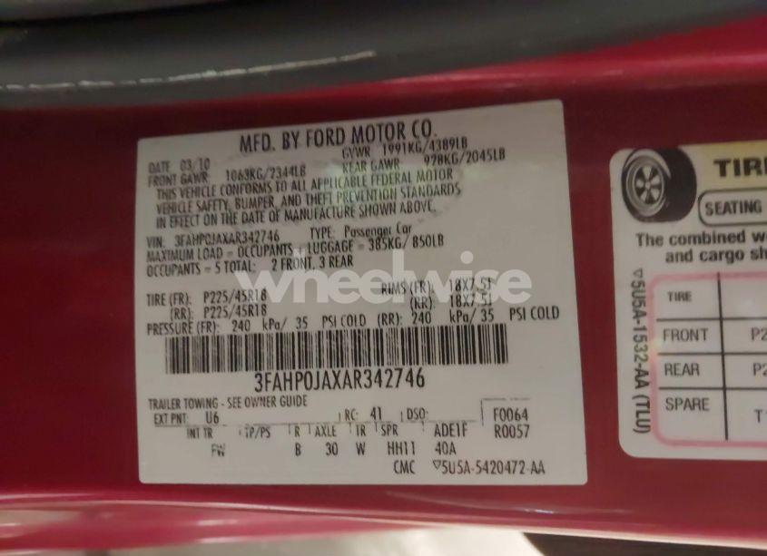 Photo 9 of 2010 Ford Fusion SEL (VIN 3FAHP0JAXAR342746)